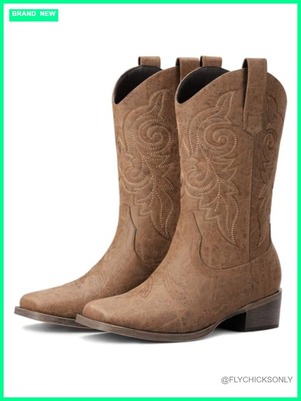 Faux Leather Western Cowboy Boots Square Toe Mid Calf Pull On